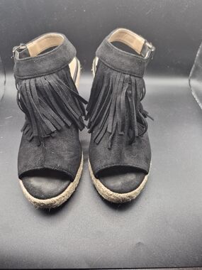 CCOCCI Black Fringe Jute Espadrille Wedge Sandals